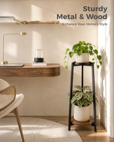 Bamworld Tall Plant Stand 30 Inch 2 Tier Metal Plant Stand with Wood Shelf - color: Brown, size: 2 Tier