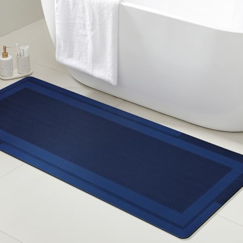 ACCUMTEK Non Slip Bath Mat, Thin Bathroom Rugs Fit Under Door, Quick Dry Bath Mats, Machine Washable Bath Rugs for Bathroom, Bathtub & Kitchen, Bathtub, Dark Blue/Bordered/59 x20 - color: Dark Blue, size: 1'8" x 4'11" (Rectangular)