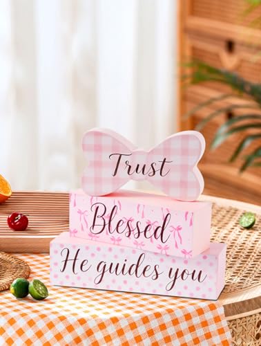 Pink Bow Wooden Tabletop Decor, Trust Blessed He Guides You Block Sign, Farmhouse Rustic Centerpiece for Table Shelf, Easter Christian Faith Home Decoration, Inspirational Gift for Women - size: Pink Bow