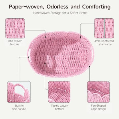 Endymion Set of 2 Paper Rope Scalloped Basket, Wicker Storage Baskets Pink - color: Pink