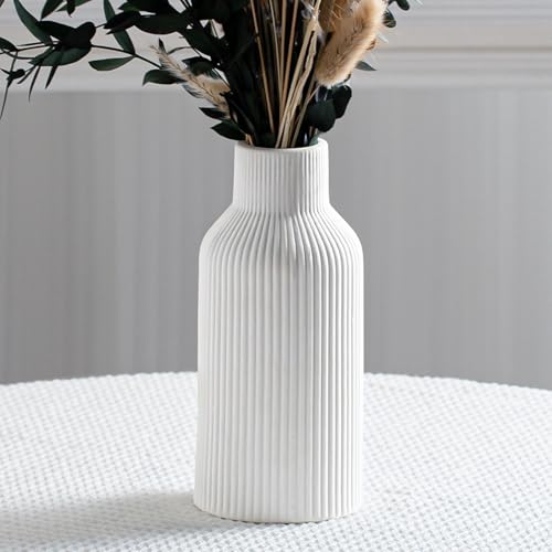 Bohemian White Ceramic Vase - for Pampas Grass, Mantel, Bookshelf, Entryway and Living Room Decor (White, 8in) - color: White, size: 8in-Round