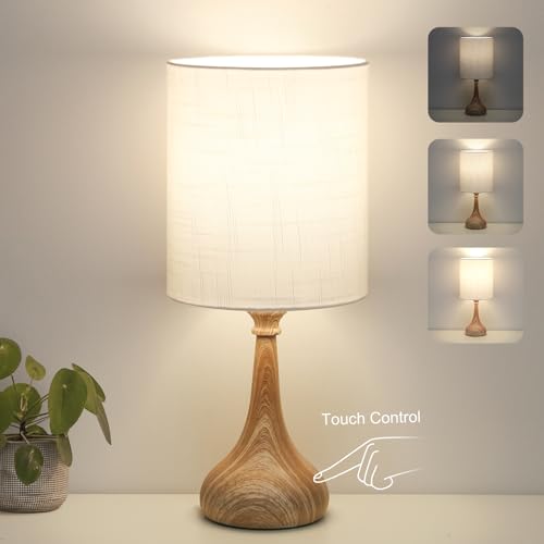 Dimmable Small Table Lamp, Bedside Lamps Touch Control for Bedrooms Nightstand with Wood Grain Base, Desk Lamp Night Light for Office Living Room, 9W 3000K LED Bulb Included - color: White, Wood Grain