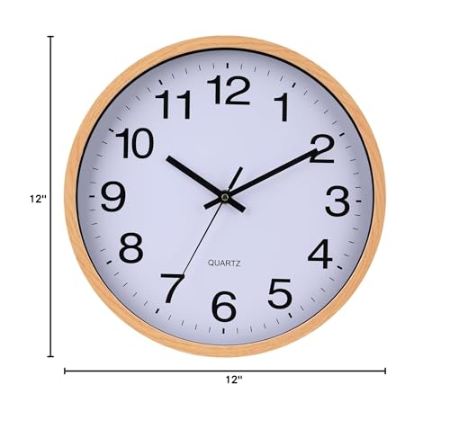 Wall Clock 12 Inch Wooden Frame Glass Cover Non-Ticking Number Quartz Modern Quartz Design Decorative Bedroom Kitchen Office Classroom Light Brown - color: Light Brown