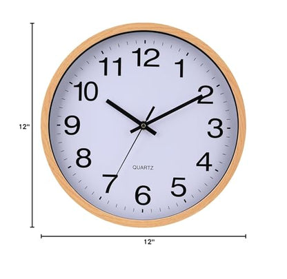 Wall Clock 12 Inch Wooden Frame Glass Cover Non-Ticking Number Quartz Modern Quartz Design Decorative Bedroom Kitchen Office Classroom Light Brown - color: Light Brown