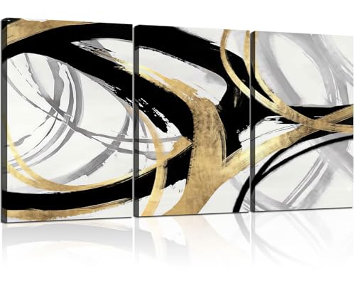 3Pcs Framed Abstract Wall Art Gold Black and White Lines Picture Canvas Prints Modern Line Prints Living Room Bedroom Office Poster Gallery Home Decor 12x16 Inch Ready to Hang - color: Black and White Abstract lines-2, size: 12X16Inch