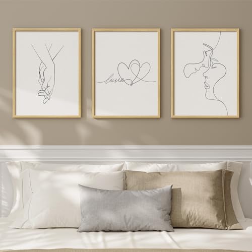 Framed Minimalist Couple Love Heart Line Canvas Wall Art Bedroom, 12x16 In | Romantic, Couple line, Love, 3 piece, Canvas print, Minimalist picture, Black and white artwork, Master bedroom wall decor - color: White