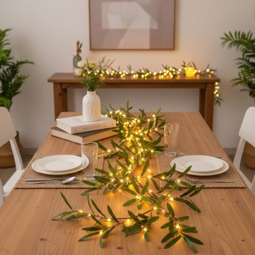 Vanthylit Lighted Artificial Olive Garland, 6FT Faux Greenery Vine Garland