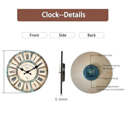 Rustic Wooden Silent Wall Clock Battery Operated 14 Inch - color: Blue1, size: 14 Inch