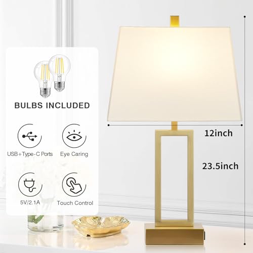 Lolikit 23.5" Touch Control Table Lamps, Metal Bedside Lamp for Bedroom Set of 2 with USB A+C Ports & AC Outlet, 3-Way Dimmable Nightstand Lamp for Living Room (LED Bulb Included) - color: Gold - 23.5"H