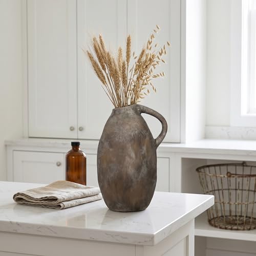 Rustic Ceramic Vase with Handle, 10.3 Inch, Handmade Decor, Brown - color: Brown