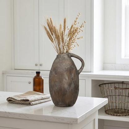 Rustic Ceramic Vase with Handle, 10.3 Inch, Handmade Decor, Brown - color: Brown