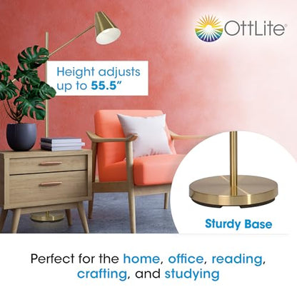OttLite Archer LED Floor Lamp, Mid-Century Modern, Satin Brass Finish