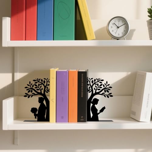 Metal Bookends Tree of Life Book Ends for Shelves - color: Black - 1 Pair Couple Under the Tree