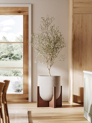 LE TAUCI 12 Inch Ceramic Planter with Acacia Wood Stand, Neutral Gray - color: Neutral Gray, size: 12 Inch