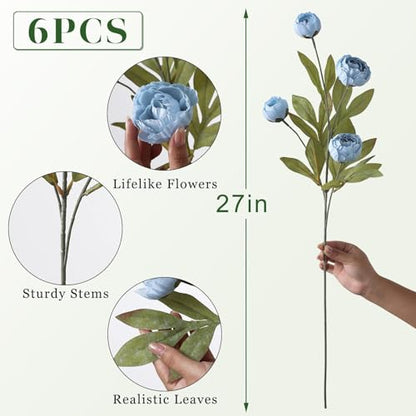 6 Pcs 27" Faux Silk Peony Artificial Flowers Stems for Vase (Dusty Blue) - color: Dusty Blue