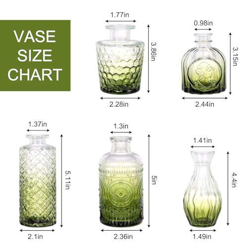 5pcs Green Glass Bud Vase Set, Small Flower Vases for Centerpieces in Bulk - color: Green, size: 5pcs