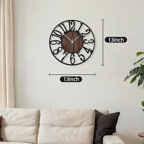 Maxstar Round Wall Clock for Living Room Decor Battery Operated Non Ticking Silent Vintage Black Metal Wood Clocks for Home Living Room Garden Farmhouse Office Kitchen Decoration -13 inch - color: Black-arabic Numerals, size: 13 Inch