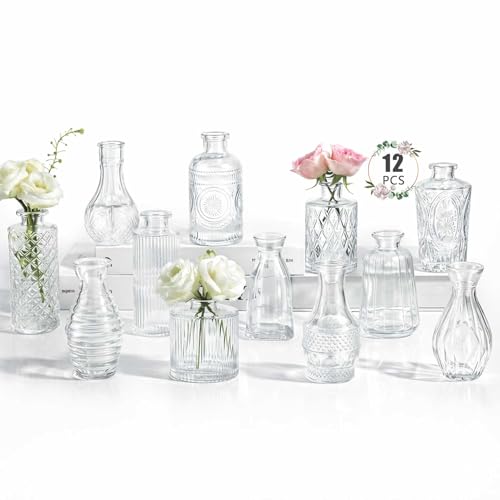 12 Pack Bud Vase in Bulk - BEAHOT Clear Flower Vases for Wedding Decorations, Glass Vase for Table Decorations, Small Vase for Home, Mother's Day, Centerpieces, Party, Office (Clear)