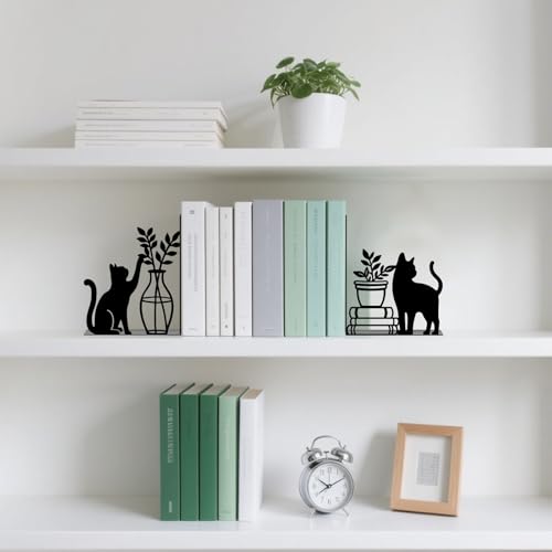 Metal Bookends Cat and Vase Book Ends for Shelves - color: Black - 1 Pair Cat & Vase