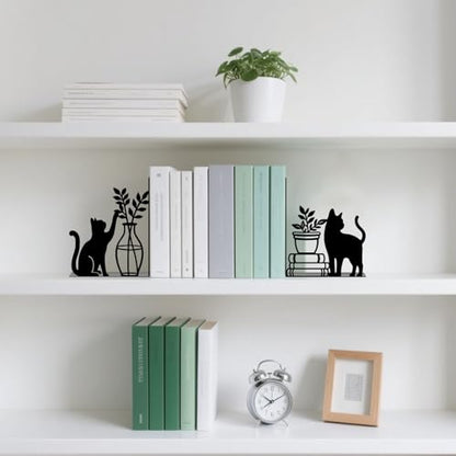 Metal Bookends Cat and Vase Book Ends for Shelves - color: Black - 1 Pair Cat & Vase