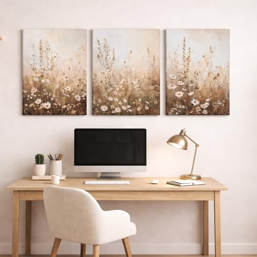 Neutral Wildflower Canvas Wall Art, 3 Piece Gallery Wrapped Set, 12x16 - color: Wildflowers in the grass, size: 12x16 inch