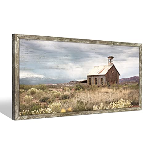 Farmhouse Wall Art Barn Picture: Rustic Framed Country Print Wood Decor Living Room Horizontal Farm Scene Countryside View Painting Bedroom Panoramic Nature Landscape Artwork for Home Office - color: Farm 02, size: 24"L x 12"W