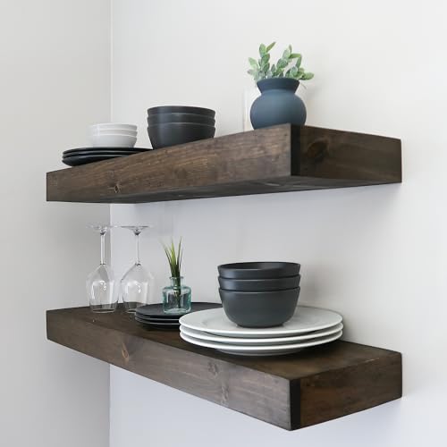 Urbandi Modern Floating Shelves 3 Inches Thick for Wall, Wide Shelves for Kitchen, Living Room, Bedroom, and Bathroom, Natural Pine Wood, Rustic Wooden Shelf, (Set of 2) (Jacobean, 36Lx3Hx6D) - color: Jacobean, size: 36Lx3Hx6D