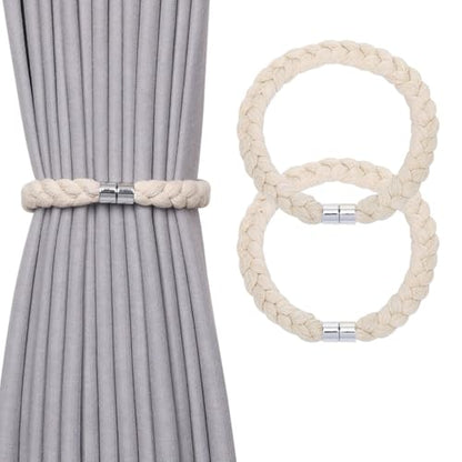 NICEEC 2 Pack Natural Cotton Rope Magnetic Curtain Tiebacks Elegant Twisted Braid Style Drape Tie Backs Soft Hand-Woven Rope Curtain Holdbacks for Home & Office Window Draperies (Beige-01) - color: Beige-01, size: 2 Pack