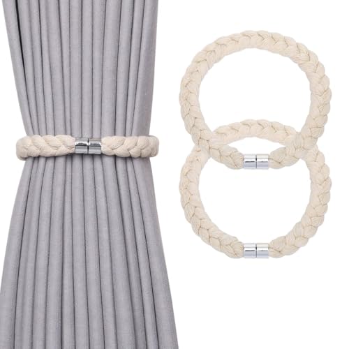 NICEEC 2 Pack Natural Cotton Rope Magnetic Curtain Tiebacks Elegant Twisted Braid Style Drape Tie Backs Soft Hand-Woven Rope Curtain Holdbacks for Home & Office Window Draperies (Beige-01) - color: Beige-01, size: 2 Pack