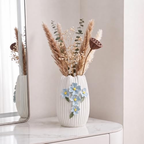 White Ceramic Vase, 7 inch Small Boho Vases, 3D Sculpted - color: White and Light Blue, size: 7 inch
