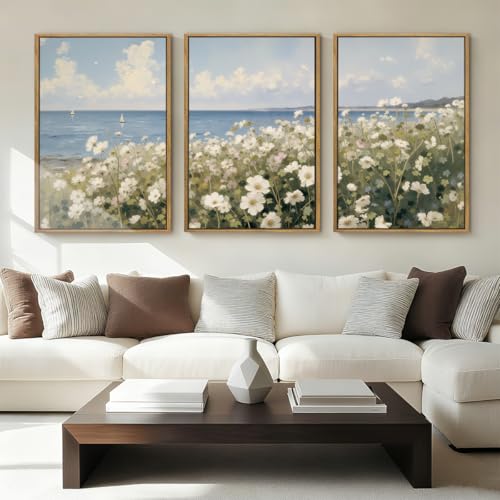 Anyzal Large Farmhouse Flower Framed Wall Art 16x24 Inch Coastal Wildflower Canvas Wall Decor Modern Landscape Painting for Living Room Bedroom Dining Room Set of 3 - color: Seaside Wildflower, size: 24"L x 16"W