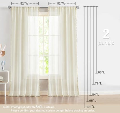 Pom Pom Linen Sheer Curtains for Living Room 63 Slub Textured Natural Beige - color: Natural, size: 52"W x 63"L (Pack of 2)