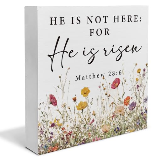 Christian Easter Decorations, Floral Easter He Is Risen Bible Verse Wooden Box Sign Spring Home Decor for Shelf Tabletop Kitchen Bathroom 5x5 Inch - color: K
