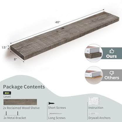 FLYJOE Floating Shelves Reclaimed Barnwood, 8" Deep Solid Wood Floating Shelf Wall Hanging Shelves with Invisible Heavy-Duty Metal Bracket | Wall Mounted | Farmhouse Style | 40 inches,2PCS,Grey - color: Distressed Grey, size: 40inches-2P