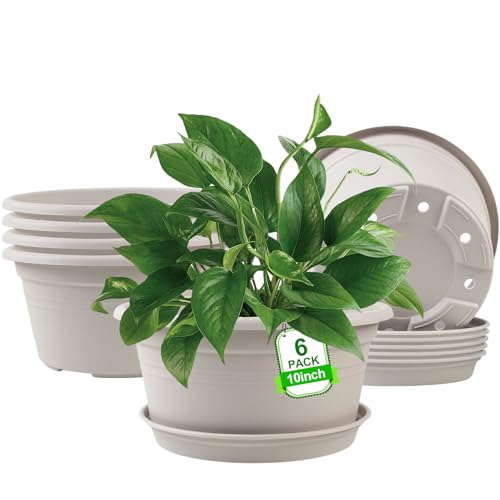 6 Pack 10 inch Plant Pot, Shallow Planters with Drainage Holes, Gray White - color: Gray White, size: 10 Inch - 6Pack