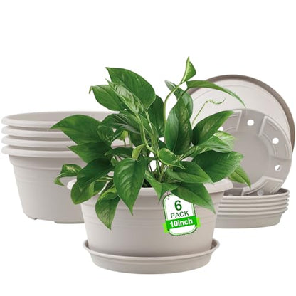 6 Pack 10 inch Plant Pot, Shallow Planters with Drainage Holes, Gray White - color: Gray White, size: 10 Inch - 6Pack
