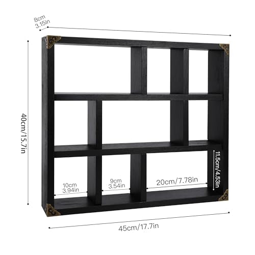 17.7x15.7-Inch Shadow Box Shelf 9-Slot Rustic Floating Shelves Larger Wall Mounted Shelf Lightweight Solid Wood Display Freestanding Farmhouse Shelf (Set of 2,9C-Classic Black) - color: 9c-classic Black, size: 2 PCS