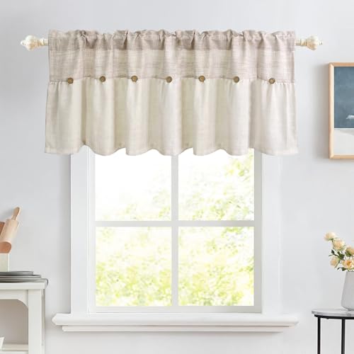 Farmhouse Boho Linen Button Valance for Kitchen Window Dining Room - color: Beige, size: 39"W x 20"L (Pack of 1)