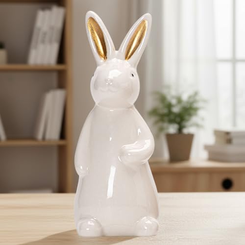 White Ceramic Bunny Figurine, 7.2 Inches Easter Bunny Statue, 1 Pcs Spring Easter Decor for Table Centerpiece, Mantel, Shelf, Windowsill Home Decor (Gold Ears)