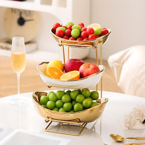 Gold Silver Fruit Bowl with Metal Stand, 3 Tier Ceramic White Fruit Bowl Fruit Rack for Kitchen Counter, Tiered Fruit Basket for Snacks Bread Candy Storage (Silver (Smooth Surface)) - color: Silver (Smooth Surface)