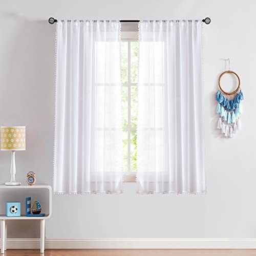 Pom Pom White Sheer Curtains for Living Room 52x63" Linen Texture Drape 2pc - color: Snow White, size: 52"W x 63"L (Pack of 2)