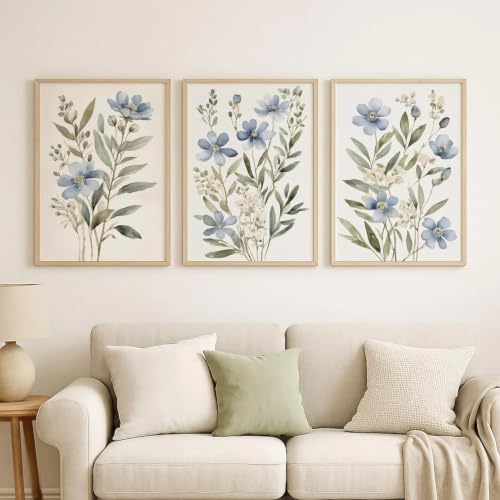 Beayum Blue Wildflower Watercolor Canvas Wall Art, Unframed, Set of 3 - color: Blue Wildflower Prints, size: 16"L x 12"W Unframed