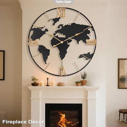 Pytha Sight 36 Inch Large Extra Metal Oversized Roman World Map Wall Clock - color: Black Roman, size: 36 inch