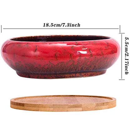 Succulent Pots with Drainage, 7.3 Inch Ceramic Bonsai Pots for Plants - color: Red