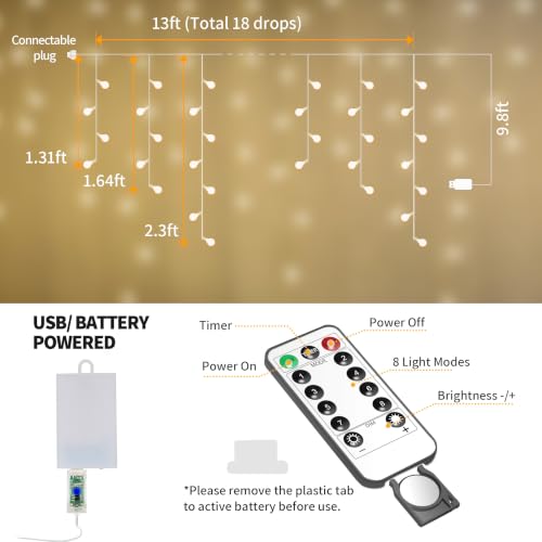 YOLIGHT Fairy Curtain Lights, USB/Battery Powered Ball Icicle Light 13ft 96 LED Globe String Hanging Lights for Bedroom Dorm Wedding Party Christmas Decoration (Warm White (Remote)) - color: Warm White (Remote)