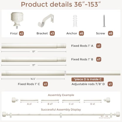 Antique White Wood Curtain Rod 36-153 Inch, Farmhouse Drapery Rods - color: Off White, size: 36"-153" (1 Pack)
