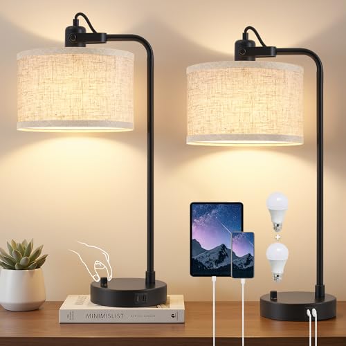 Black Table Lamp Set of 2, USB A+C, 180° Adjustable Bedside Lamps, Dimmable - color: Black-A