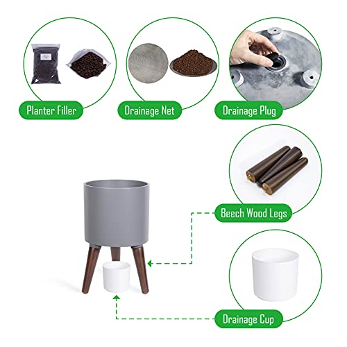D'vine Dev 8 Inch Planter Pot with Wood Stand, Grey, 88-O-A-3 - color: Matte Grey, size: Small