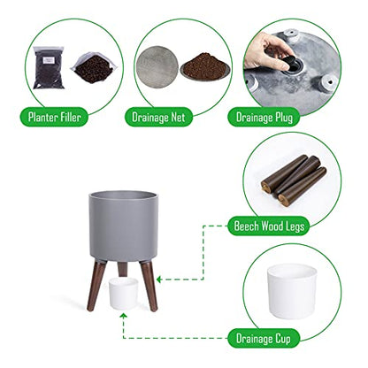 D'vine Dev 8 Inch Planter Pot with Wood Stand, Grey, 88-O-A-3 - color: Matte Grey, size: Small