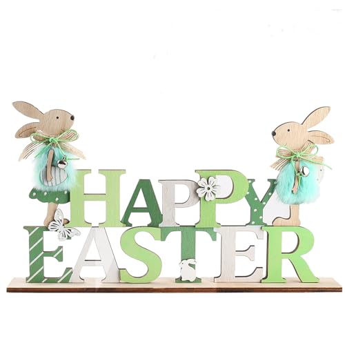 Easter Wooden Bunny Table Decorations Cute Easter Rabbit Tiered Tray Decor Rustic Bunny Table Centerpiece Sign for Spring Home, Farmhouse Tabletop Ornament(Green)
